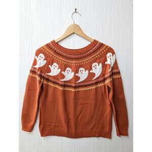 Halloween Ghost Fair Isle Orange Knit Sweater Size Small/Medium